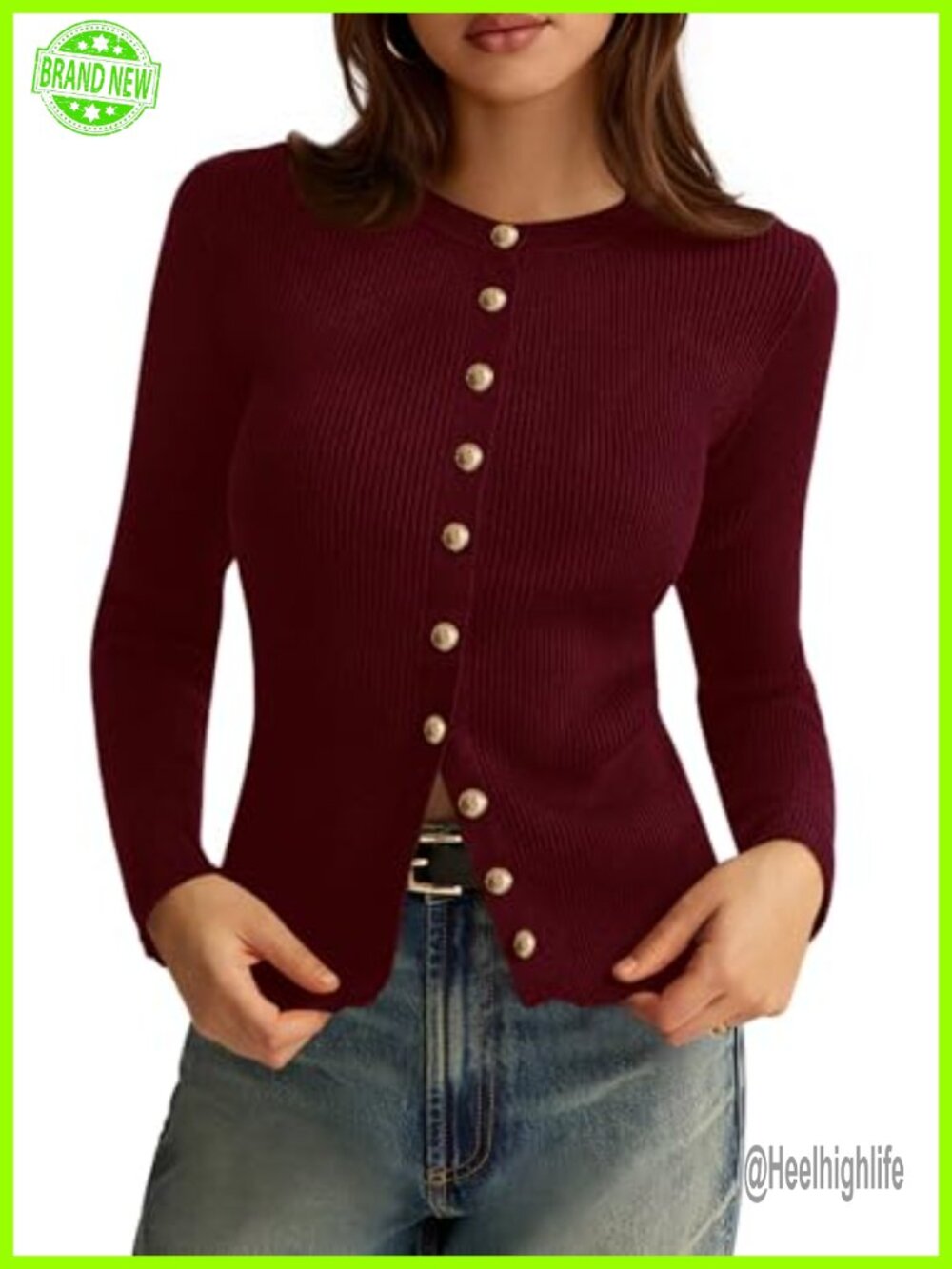Women's Lightweight Ribbed Knit Button Down Cardigan Sweater Crewneck Long